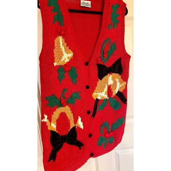 Vintage The Villager Women’s Large Red Christmas Yuletide Bell Ugly Vest Jacket - Picture 3 of 10